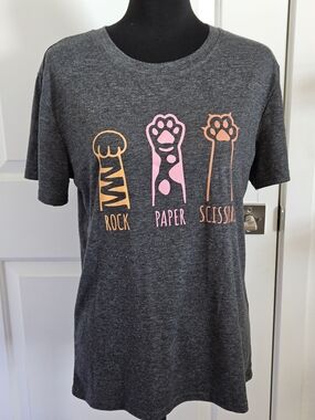 Novelty Rock Paper Scissors Funny Cat Paw Graphic T-Shirt Gray Size Small